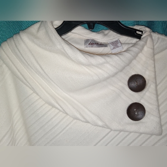 LeModa Cream cape/poncho brn button accents on cowl fold down neck, OS - Picture 2 of 6